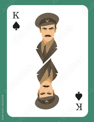 King of Spades. Handsome man with mustache, wearing military cap in retro style, isolated on white background