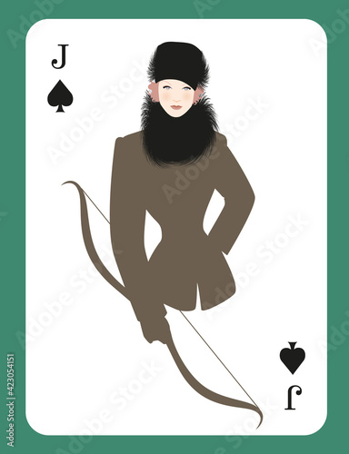 Jack or Queen of Spades. Beautiful girl dressed in winter sportswear as a hunter from the 20s or 30s, carrying a bow