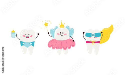 milk tooth, baby tooth fairy, superhero. Isolated cute happy teeth characters with wings, crown, magic wand, diaper, sippy cup, cloak. Vector illustration in cartoon style