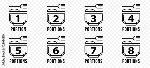 Pack of vector food icons. Plate with fork, knife and recommended servings. Vector illustration
