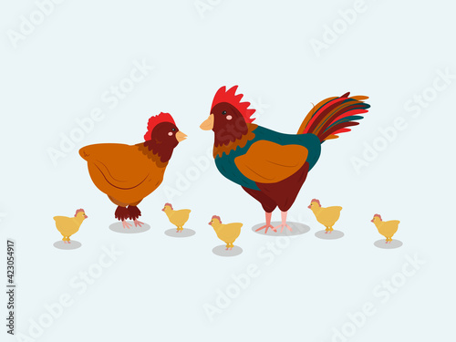 hen, rooster and chicks cartoon style. Design elements for advertising chicken meat, eggs. Bird farm. Vector illustration, isolated image, simple