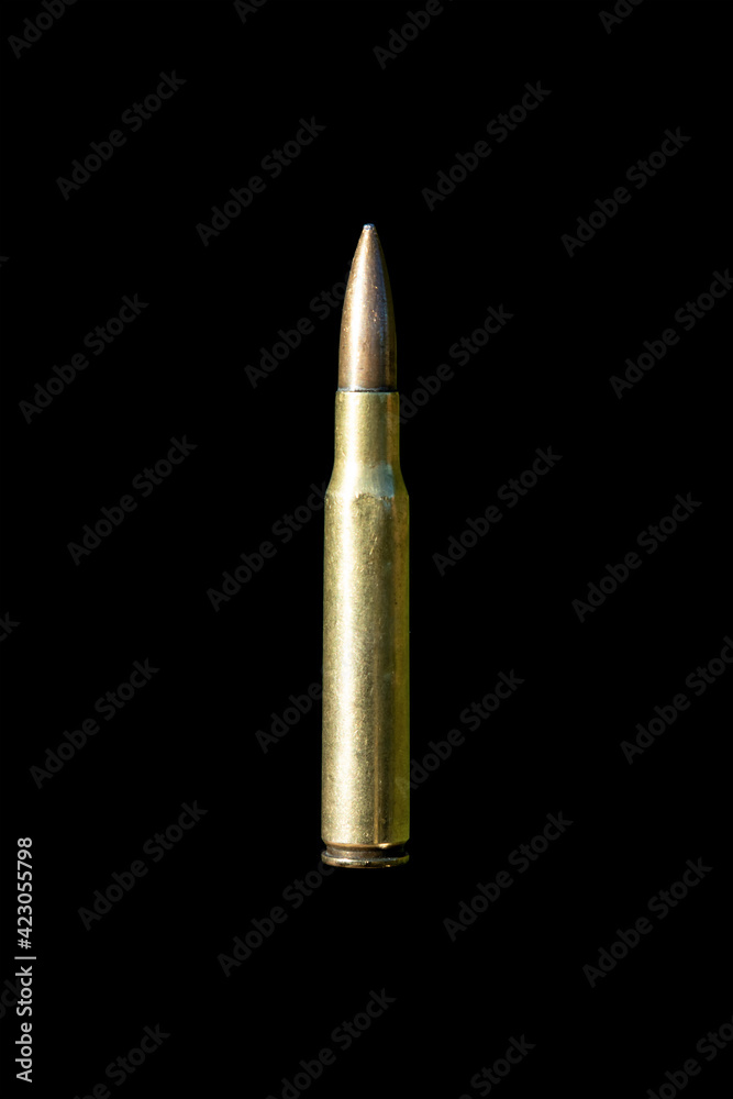 Rifle bullet long cartridge on black background. Rifle bullet long cartridge on black background.