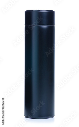 Black thermos hot drink on white background isolation