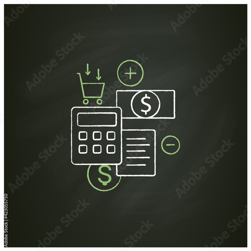 Budgeting chalk icon.Creating plan to spend money.Rational money distribution.Cash counting.Thoughtful spending money.Mindful spending concept. Isolated vector illustration on chalkboard