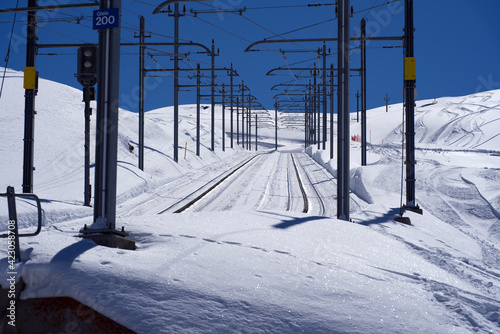 Railway tracks and rack-wheels of Gornergrat railway at Zermatt, Switzerland. Photo taken March 23rd, 2021. photo