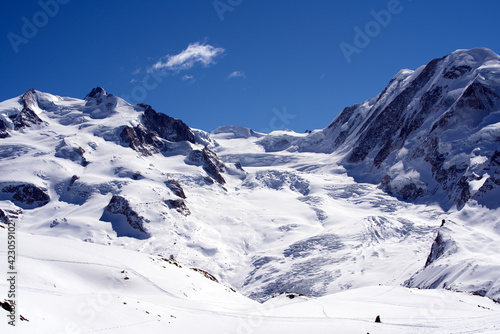 Snow capped mountains, snowfields and glaciers at Zermatt, Switzerland, seen from Gornergrat railway station. Photo taken March 23rd, 2021.