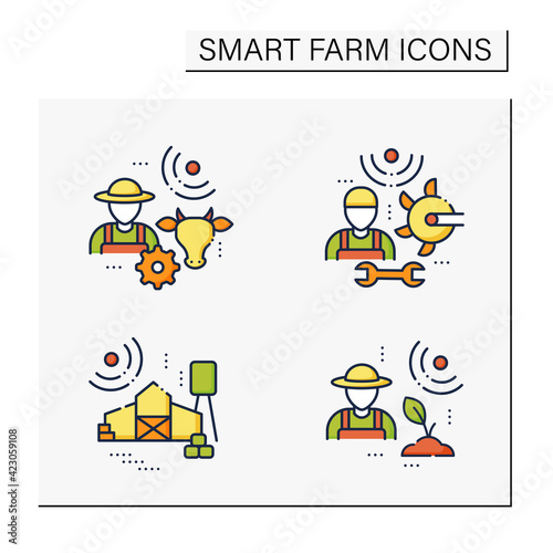 Smart farm color icons set. Consist of machinery technician, animal breeder, agronomist, large farm.Agricultural innovation concepts.Isolated vector illustrations