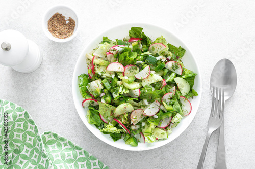Foto Salad bowl of fresh vegetables with radish, cucumber, romaine lettuce, bell pepper and greens