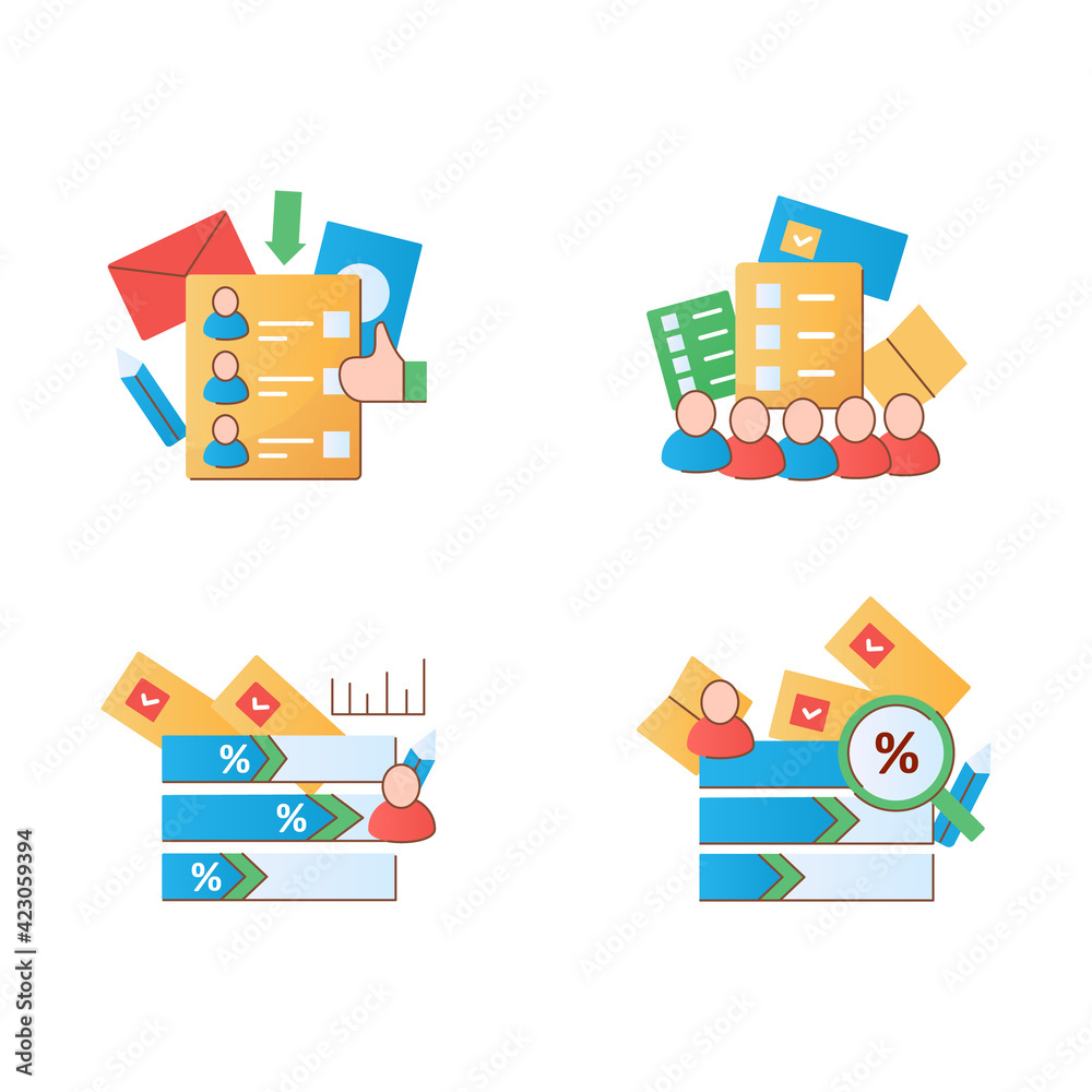 Election flat icons set.Ballot, electioral college, vote counting, voting poll. Choice, vote concept. Democracy. Parliamentary or presidential elections. 3d vector illustrations