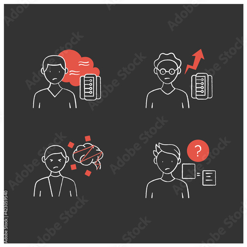 Information overload chalk icons set. Consists of cognitive dissonance, comparative research method, data smog, new info rate. Isolated vector illustrations on cgalkboard