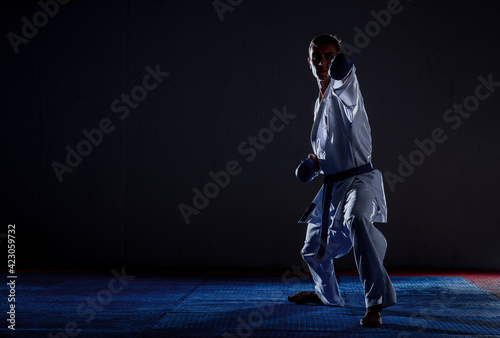 The man in a kimono practicing karate moves