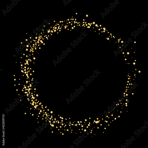 Gold glitter confetti on black background, frame. Zen. Scattered with shiny particles, sand. Decorative element. Luxury background for your design, greeting cards, invitations, vector