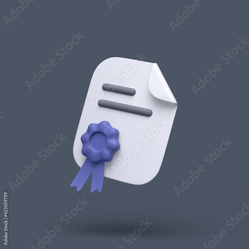 3d simple certificate or diploma icon with blue stamp and bent corner on grey pastel background. Hight quality 3d illustration.
