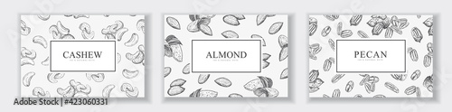 Cards with different nuts, cashew, almond, pecan.