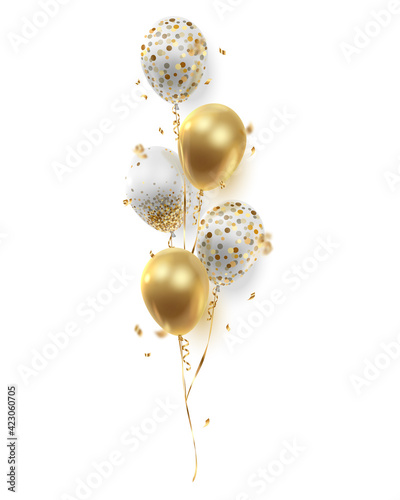 Bouquet, bunch of realistic golden ballons, transparent with confetti, serpentine, paper circles and ribbons. Vector illustration isolated on white background.