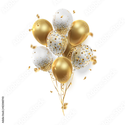 Bouquet, bunch of realistic transparent, golden ballons and gold ribbons, serpentine, confetti. Vector illustration for card, party, design, flyer, poster, decor, banner, web, advertising.  photo