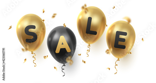 Poster for Sale with gold ballons and black text, letters with golden serpentine, confetti isolated on white background. Vector Holiday illustration for decor, design, arts, advertising.