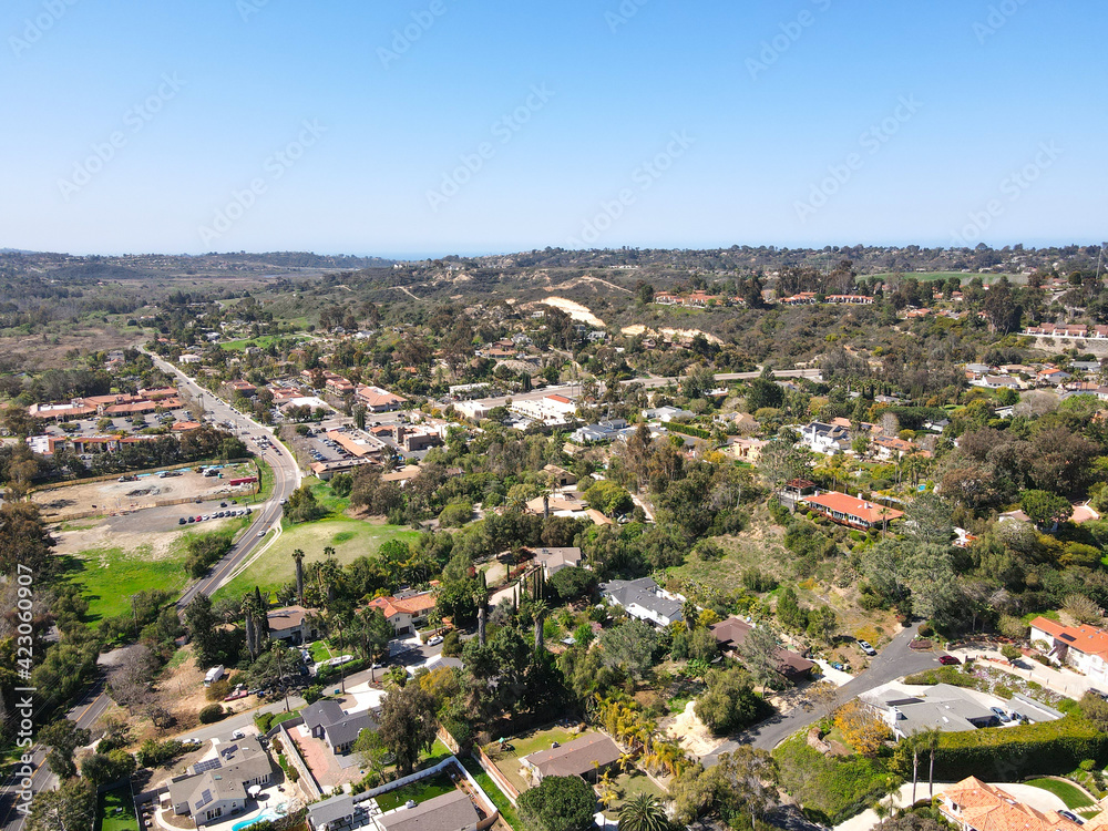 Aerial view of Rancho Santa Fe neighborhood with big mansions with pool in San Diego, California, USA. Aerial view of residential modern luxury house. Aerial view of Rancho Santa Fe neighborhood with big mansions with pool in San Diego, California, USA. Aerial view of residential modern luxury house.
