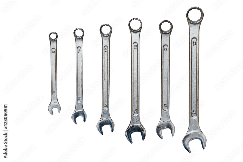 set of spanners, mechanic's tool isolated on white background, evenly spaced set of spanners, mechanic's tool isolated on white background, evenly spaced