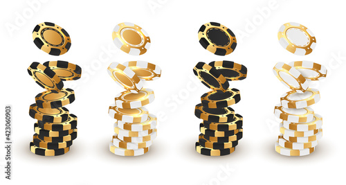 Stacks of golden with black, white  poker chips, tokens on white background. Vector illustration for casino, game design, flyer, poster, banner, web, advertising.