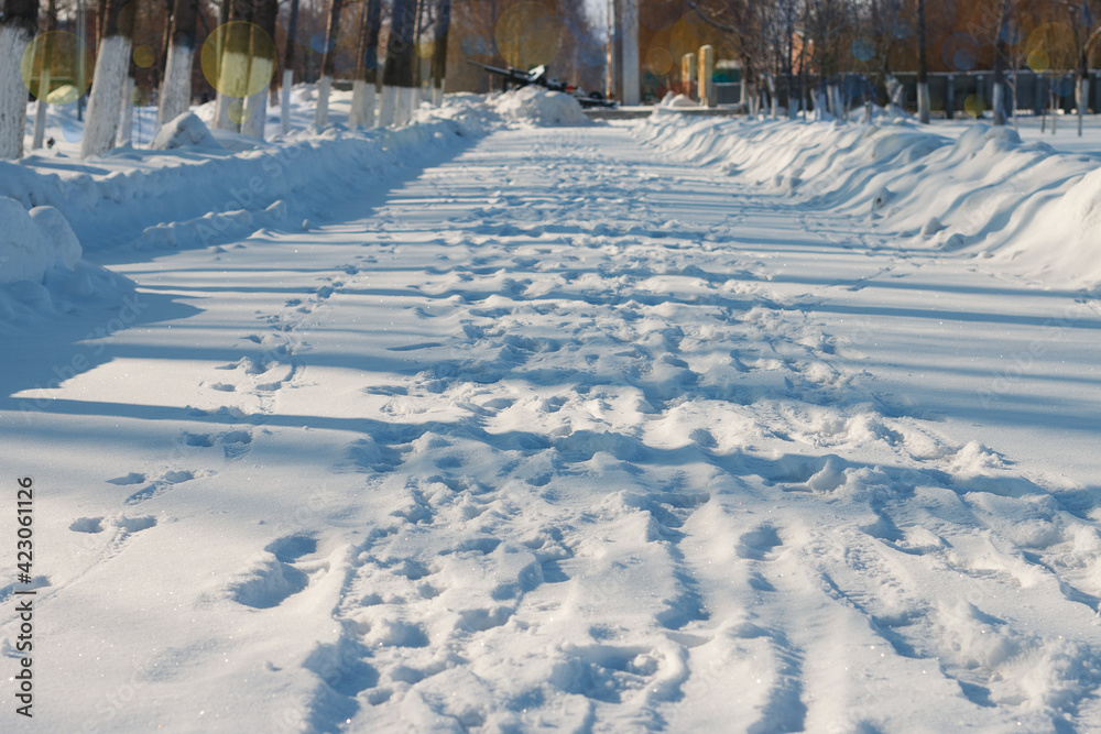A path in a snow-covered winter forest on a cold winter day. footprints in the snow