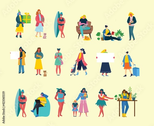 Set of diferent Girls that are reading Books, holding pets, styding, holding banners and other . Vector illustrations in the flat style