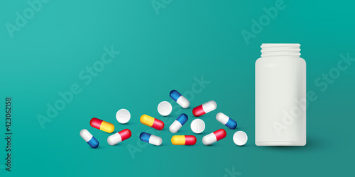 Bottle and scattered pills on color background.