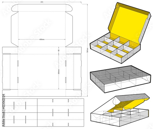 Cardboard box for sending mail. Ease of assembly, no need for glue (internal measurement of each separator 13x6.5x6 cm) and Die-cut Pattern. The .eps file is full scale and fully functional.