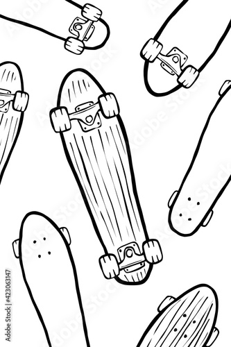 Skateboards postcard. Black and white skateboards background. Top and bottom views of decks. Graphic sketch style vector illustration.