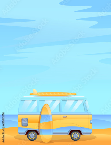 cartoon illustration of a van on the background of the sea, vector illustration