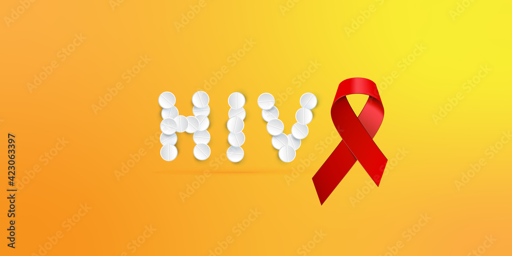 Word HIV is laid out from pills on background. Red ribbon symbol fight against aids concept. Word HIV is laid out from pills on background. Red ribbon symbol fight against aids concept.