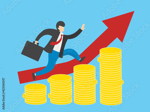 A graph of growing income and a businessman running along it. Stacks of gold coins show the progress of a business's profitability.