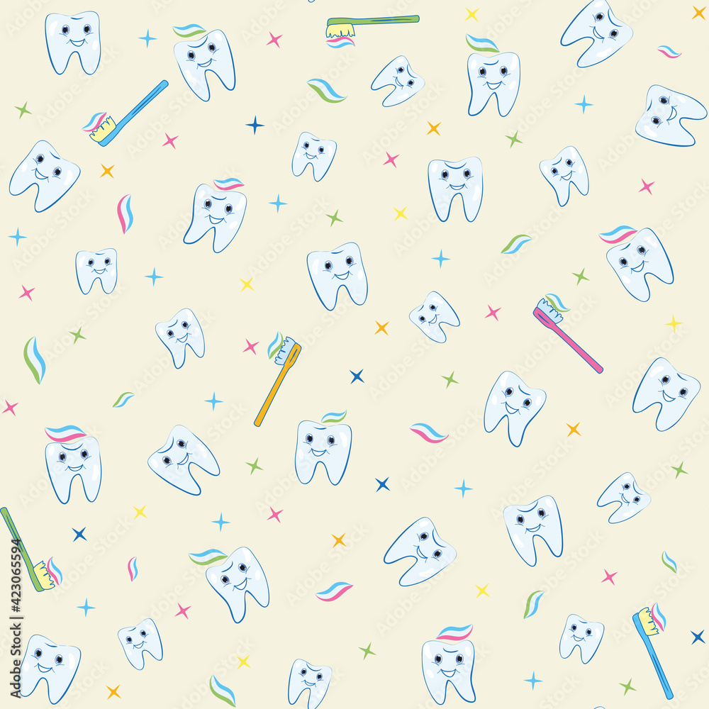 Seamless pattern with cute cartoon teeth, toothbrush and toothpaste on light yellow background. Perfect for kid dental design, for children's dentistry, wrapping paper, textile print.