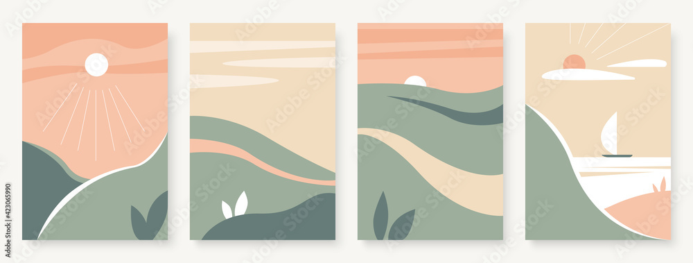 Summer mountain abstract landscape vector illustration set. Scandinavian minimal style landscapes, road on green grass hills, trendy vertical modern wall template background
