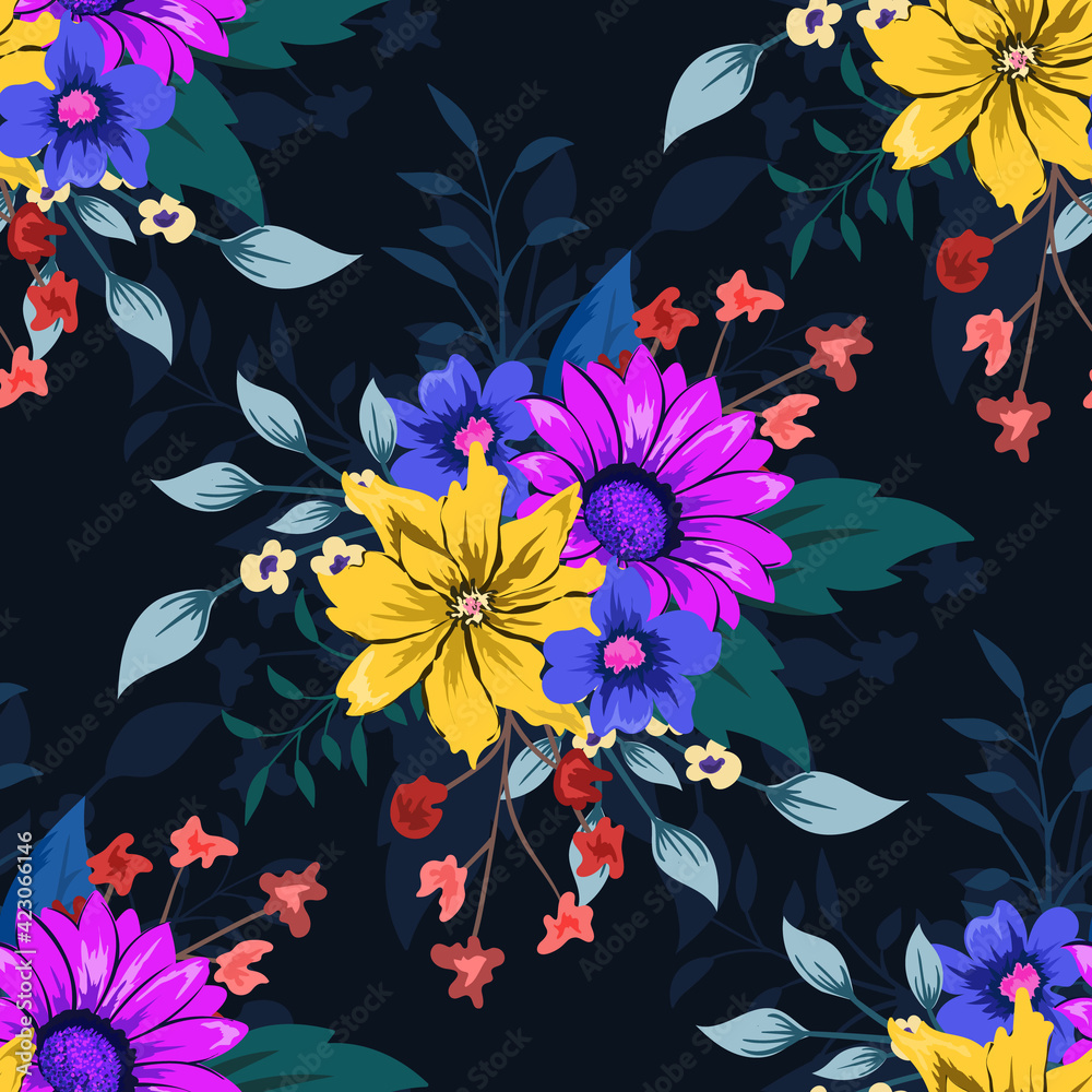 Obraz premium Colorful botanical seamless floral pattern on dark background.