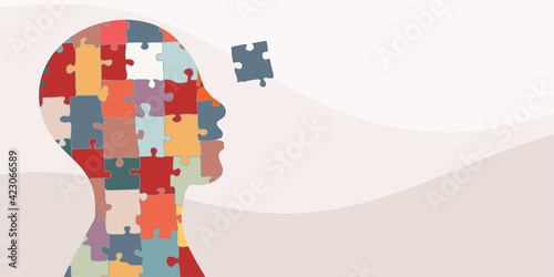 Banner. Autism syndrome concept. Jigsaw that forms human head in profile. Learning support and education. Neurological Disease. Mind and brain. Hand drawn puzzle