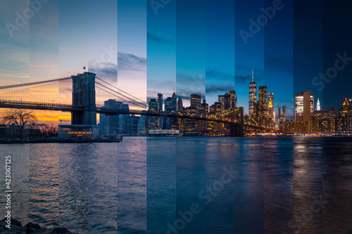 Brooklyn Bridge above rippled East River in New York City with contemporary skyscrapers under cloudy sky at sunset photo