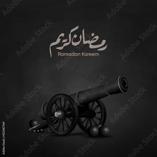 Stampa su tela Drawing Ramadan Cannon vector in Black Style with Arabic calligraphy text, Trans