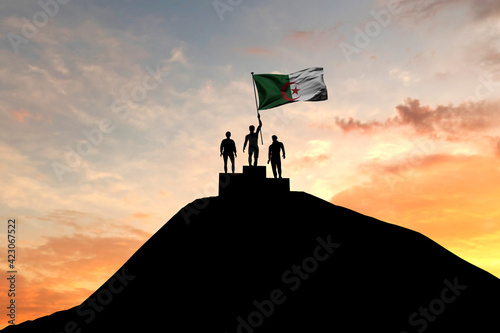 Algeria flag being waved on top of a winners podium. 3D Rendering