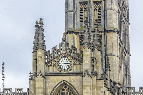 Architectural fragments of Bath Abbey (or Abbey Church of Saint Peter and Saint Paul, founded in VII century) in Bath. Bath is a city in ceremonial county of Somerset in South West England.