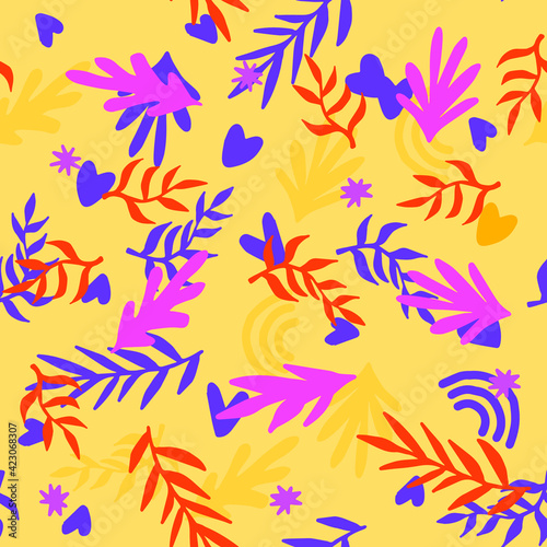 Beautiful Mid- Century Boho style Pattern with Palm Branches. Repeating Vector Design in warm color palette.