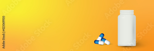 Bottle and scattered pills on color background.