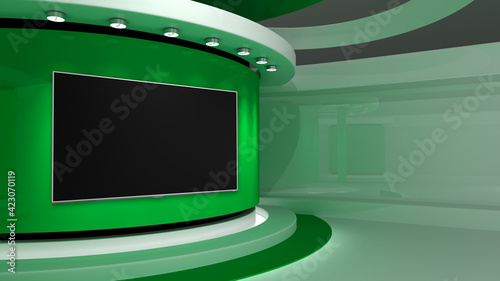 TV studio. Green studio. Green background. News studio. The perfect backdrop for any green screen or chroma key video or photo production. 3d render. 3d