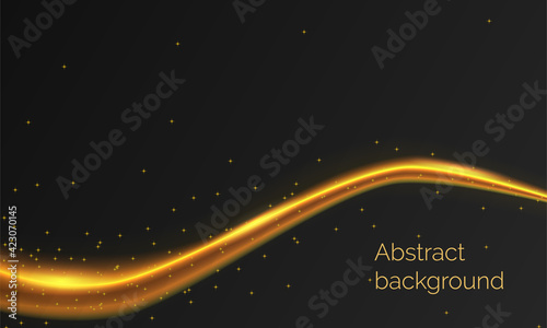 Abstact black background with shining golden wave and glowing dots.