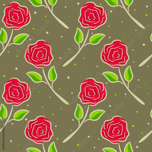 Seamless dark pattern of hand-drawn red roses and dots. Floral ornament for fabrics, covers, design and decoration. Vector illustration