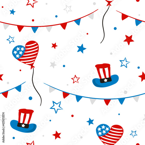 Seamless doodle pattern for Independence Day USA. Background of hand-drawn elements for July 4th in the national colors of the United States of America. Vector illustration for a festive decoration.