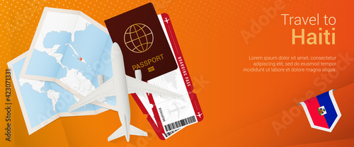 Travel to Haiti pop-under banner. Trip banner with passport, tickets, airplane, boarding pass, map and flag of Haiti.