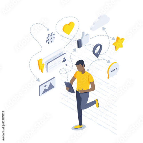 isometric vector illustration isolated on white background, black man in yellow t-shirt with smartphone near the wall, internet activity and social media communication icons