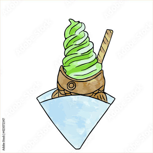 taiyaki. ice cream matcha tea. Japanese waffles fish. sweet beans, shiroan, custard, chocolate.  dessert. Asia, Korea, Thailand. green tea. vector eps 10