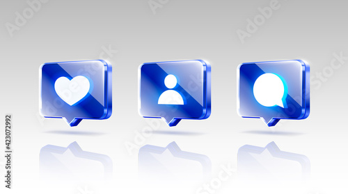 Hand like and chat icons set, sign follower 3d banner, best post social media. Vector